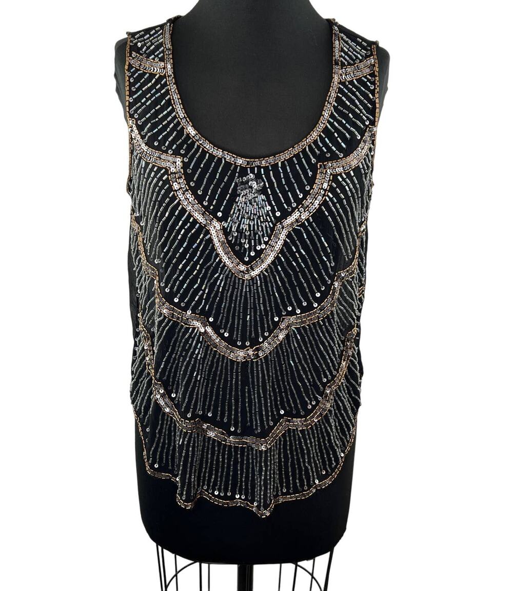 AWAKE Couture Black Beaded Sequin Embellished Sleeveless Blouse Sheer Evening M